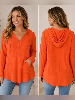 Vibrant Orange Hooded Pullover Top